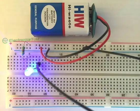 circuit diagram with a LED and a resistor on breadboard